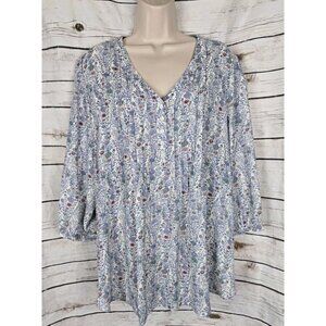 Rose & Olive Blouse Womens 1X Blue Floral Pleated Boho Peasant Cottagecore